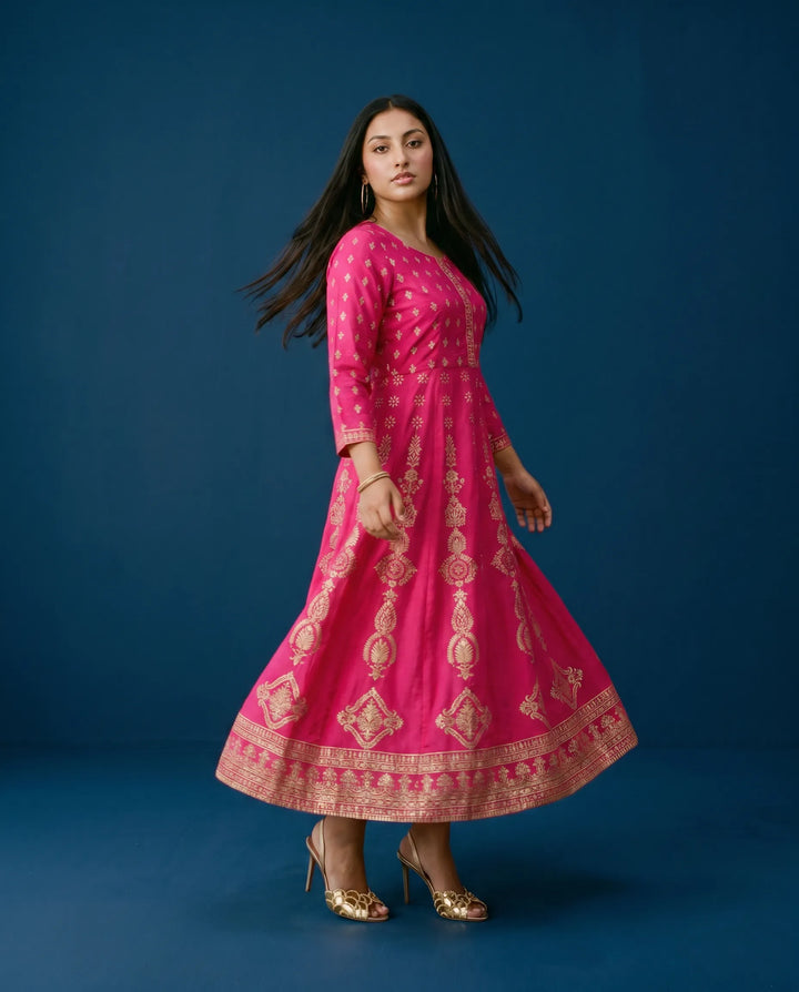 Magenta Printed Rayon Maxi Dress