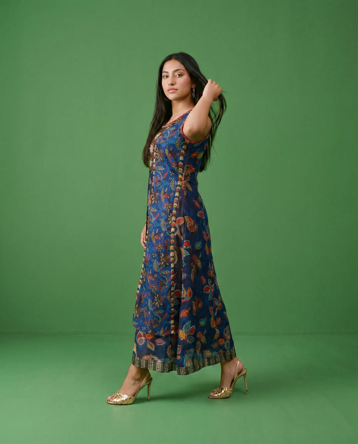 Navy Embriodered Viscose Blended Sleeveless Maxi Dress