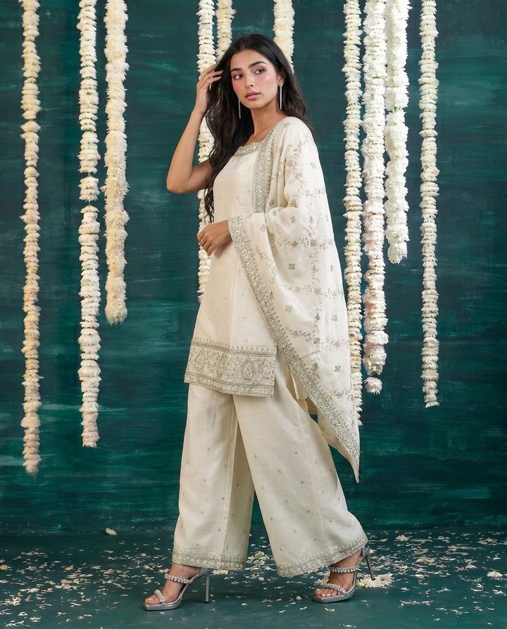 White Embriodered Silk Blended Sleeveless Kurta Bottom Dupatta Set