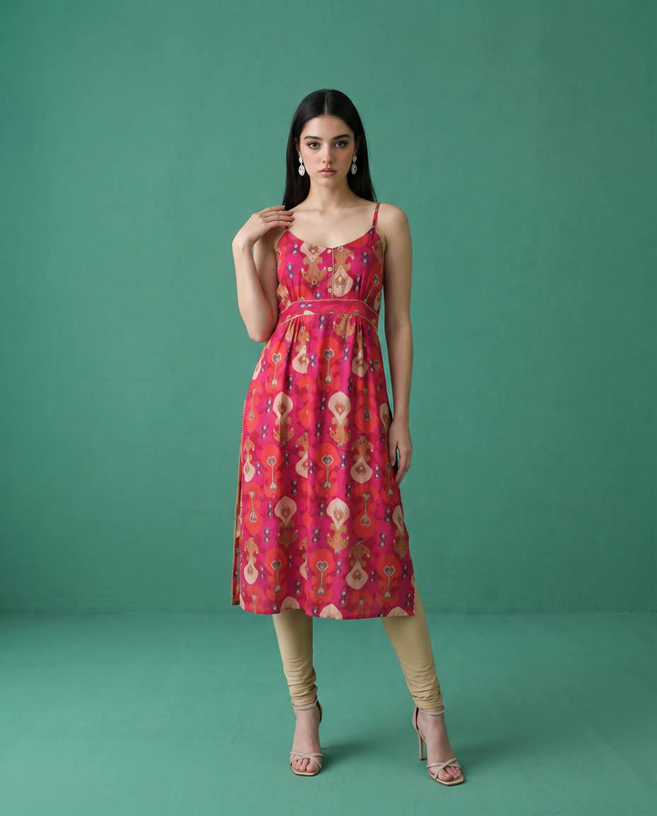 Pink Printed Viscose Blended Spaghetti Strap Straight Cut Long Kurta