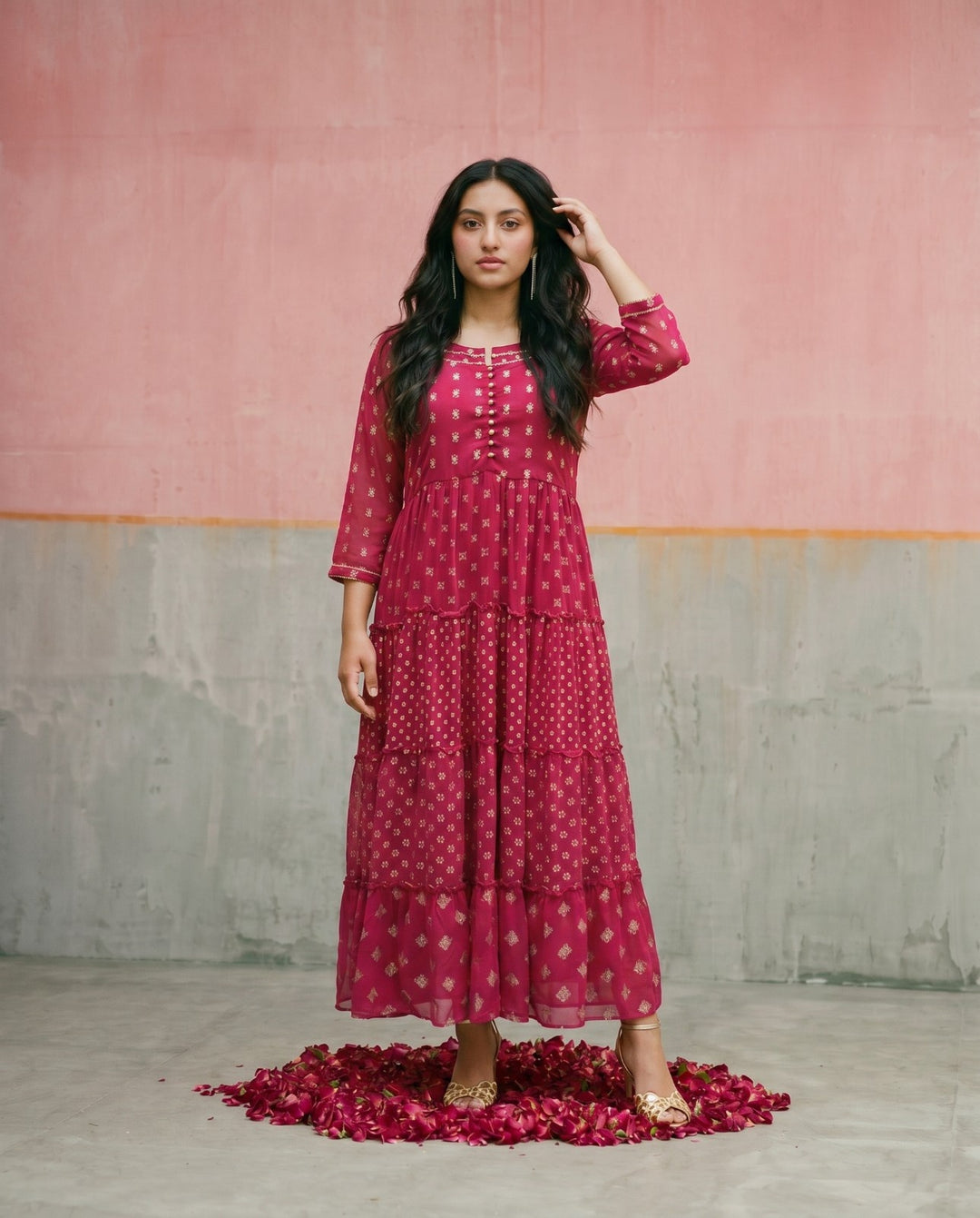 Pink Printed Georgette Maxi Dress