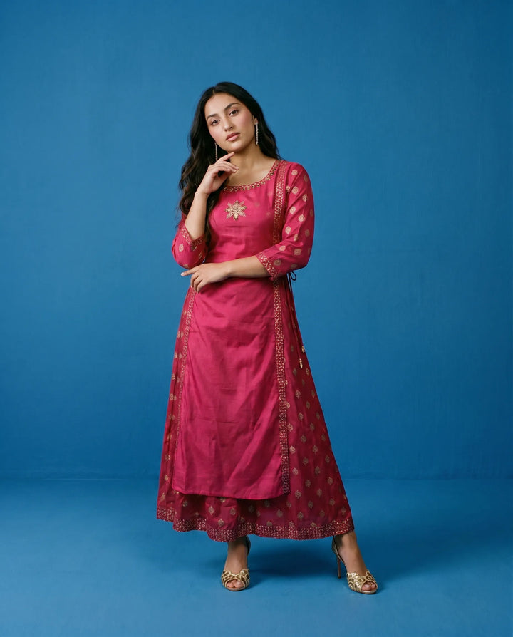 Magenta Printed Viscose Blended Maxi Dress