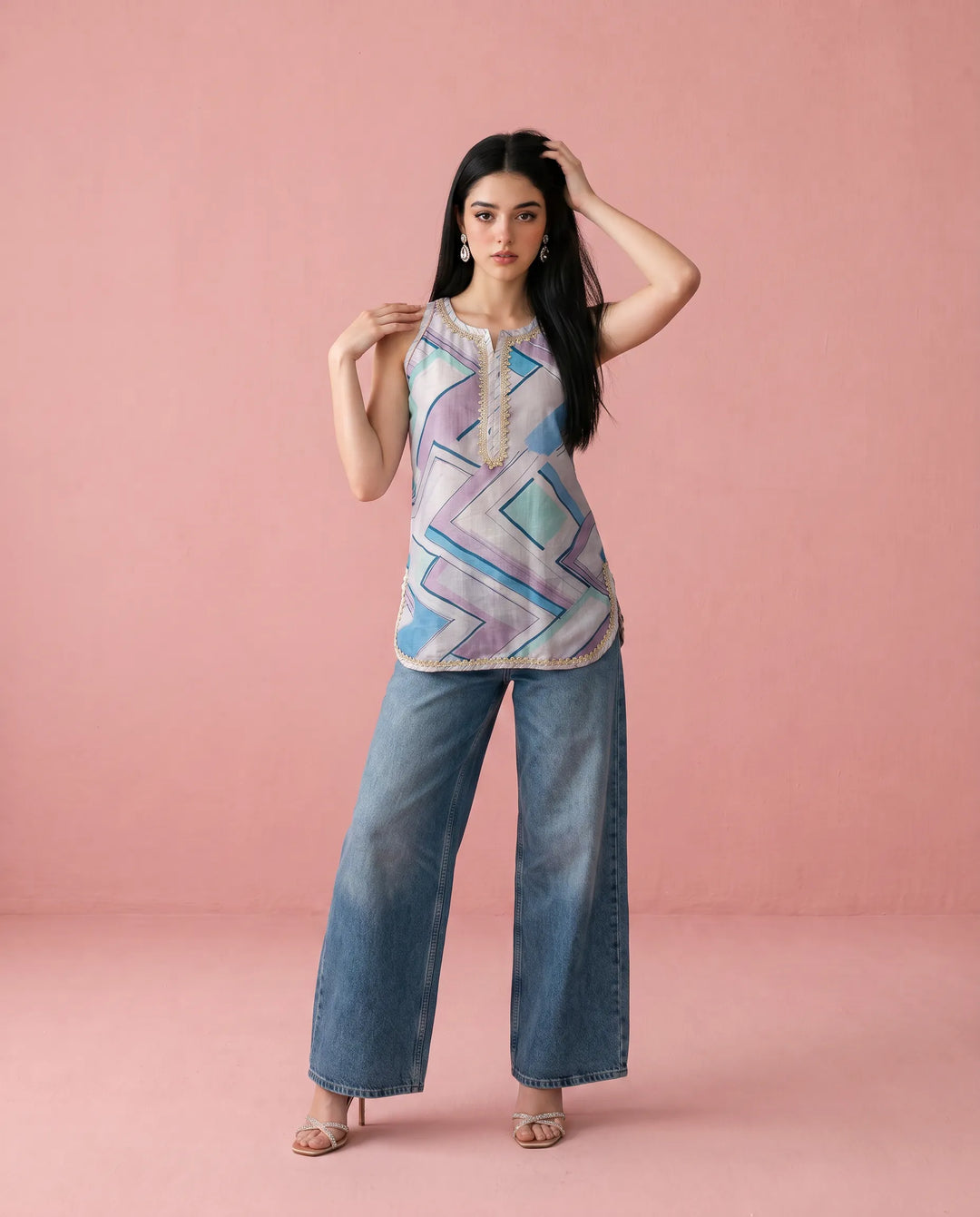 Purple Printed Cotton Blended Sleeveless Short Kurti