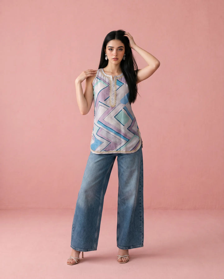 Purple Printed Cotton Blended Sleeveless Short Kurti
