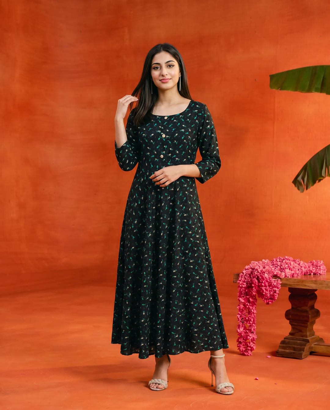 Black Printed Rayon Maxi Dress