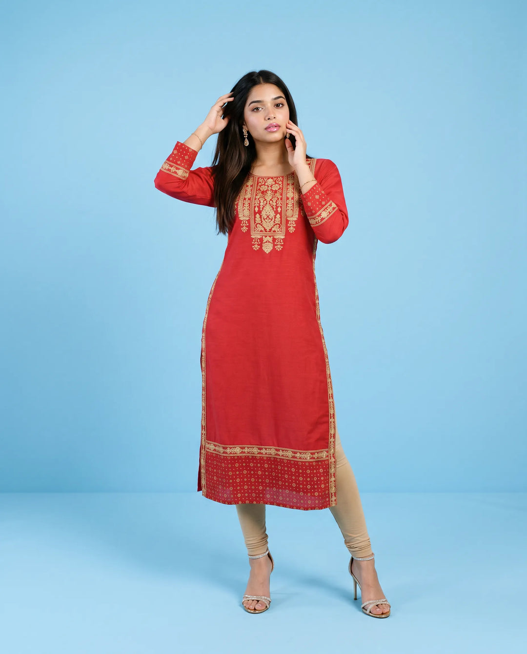Red Embroidered Viscose Blended Straight cut Long Kurta