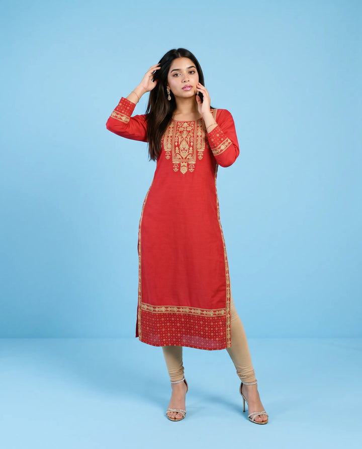Red Embroidered Viscose Blended Straight cut Long Kurta