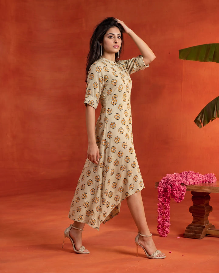 Beige Printed Rayon Maxi Dress