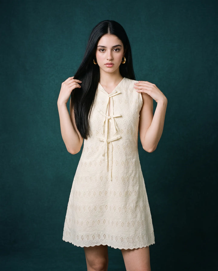 Cream Embroidered Korean Style Cotton Midi Dress