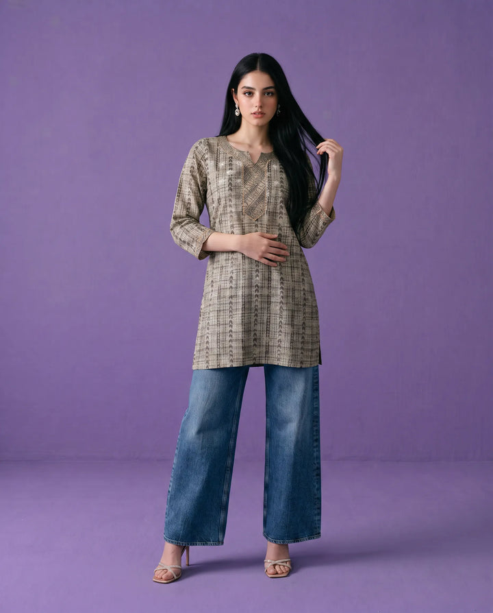 Grey Printed Viscose Blended Short Kurti