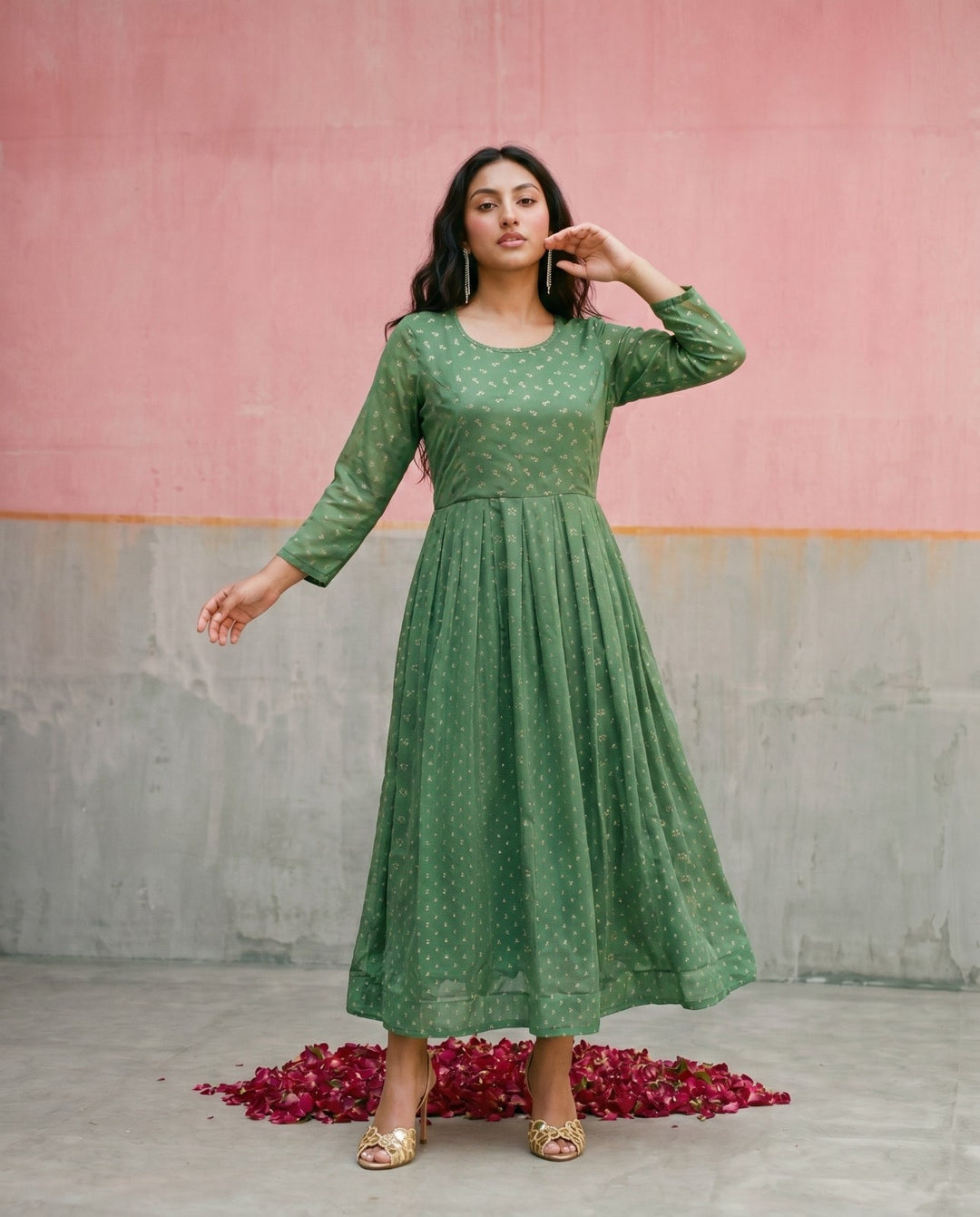 Green Printed Georgette Maxi Dress