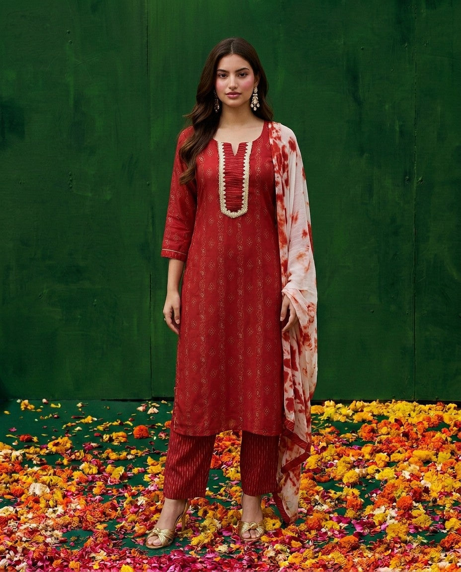 Red Cotton Kurta Bottom Dupatta Set