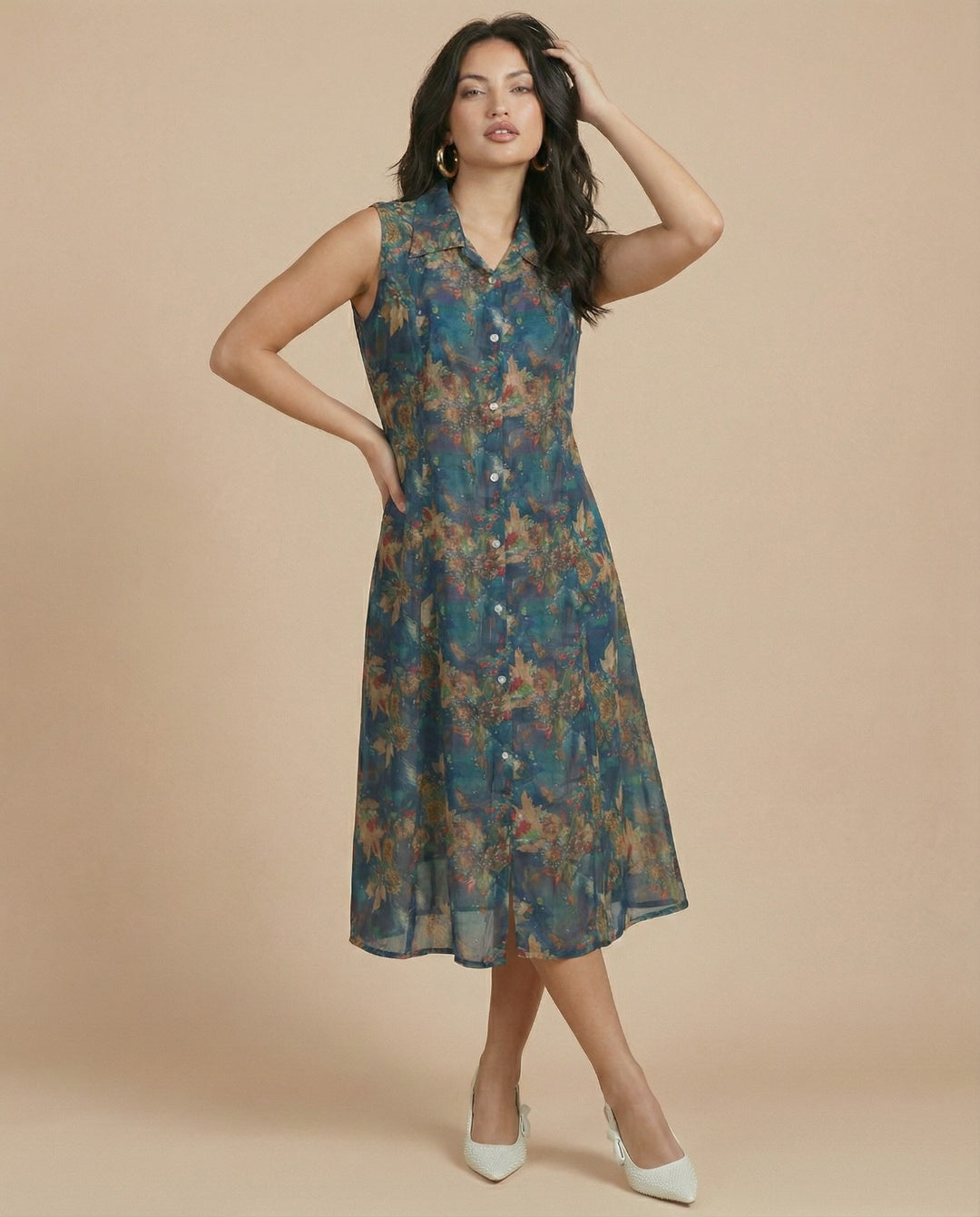 Blue Printed Viscose Blended Midi Dress