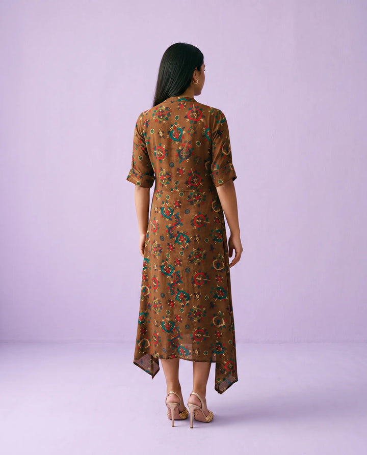 Brown Printed Rayon Maxi Dress
