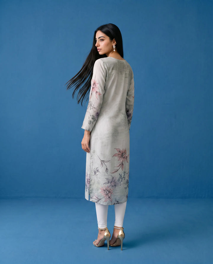 Grey Printed Crepe Silk Straight cut Long Kurta