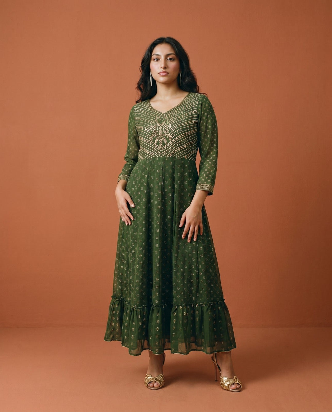 Bottle Green Embriodered Georgette Maxi Dress