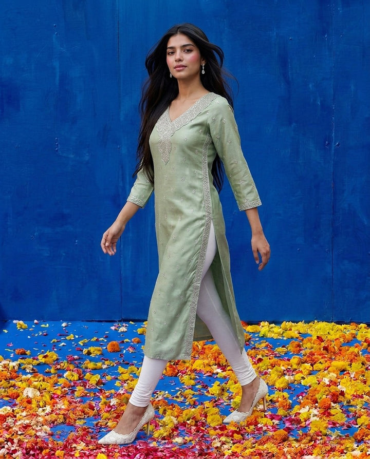 Pista Embroidered Silk Blended 3/4 Sleeves Straight Cut Long Kurta