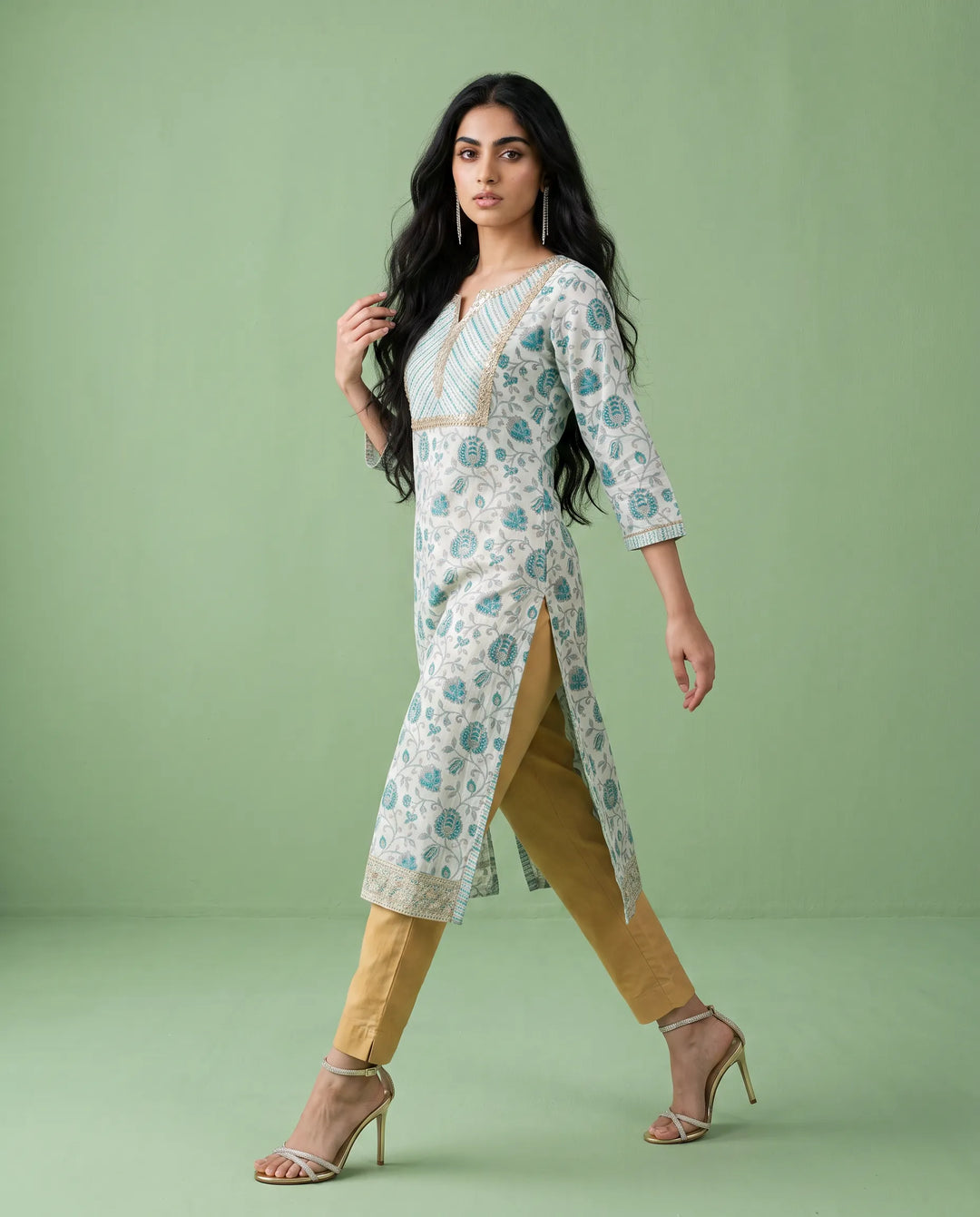 Blue Printed Viscose Blended Straight cut Long Kurta