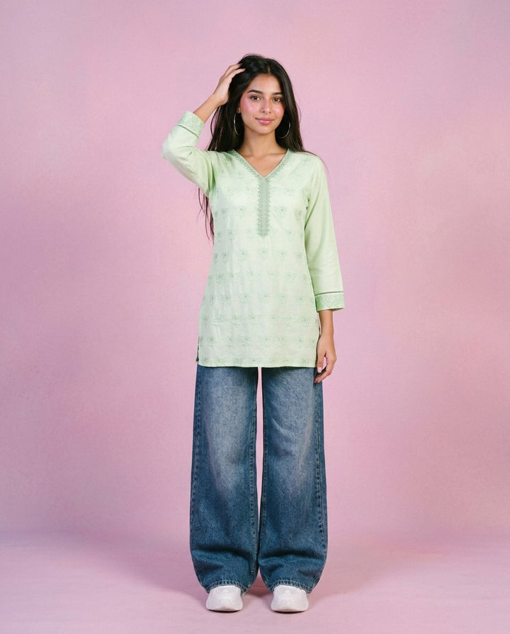 Lime Green Embriodered Cotton Short Kurti