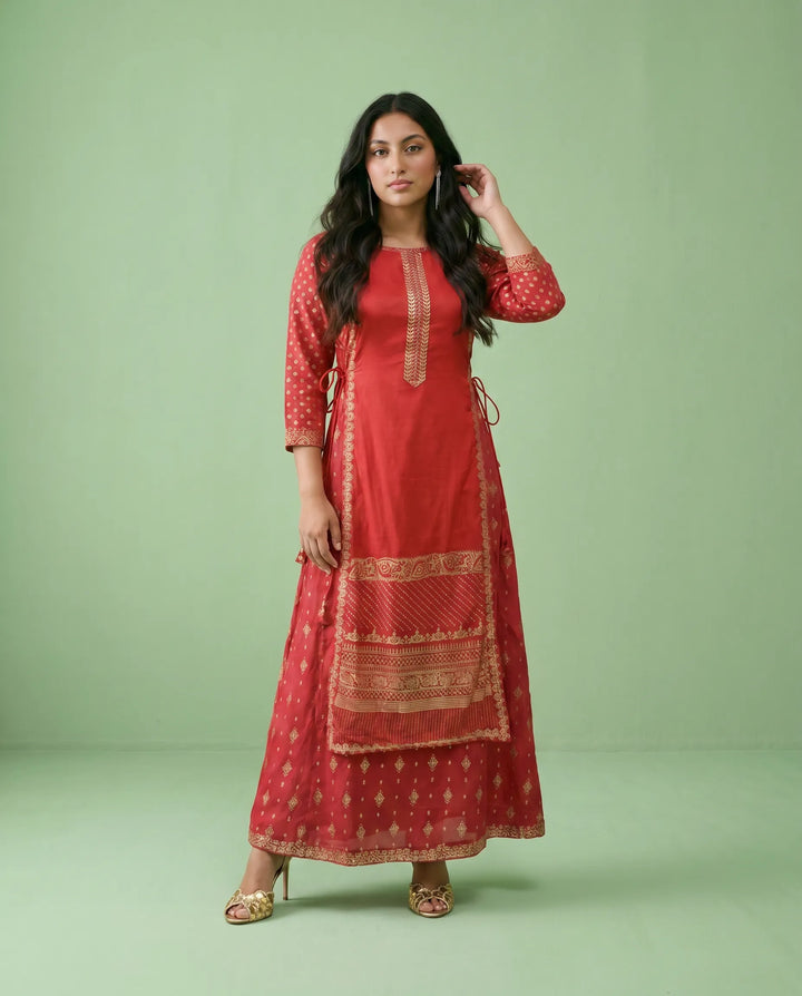 Red Printed Viscose Blended Maxi Dress