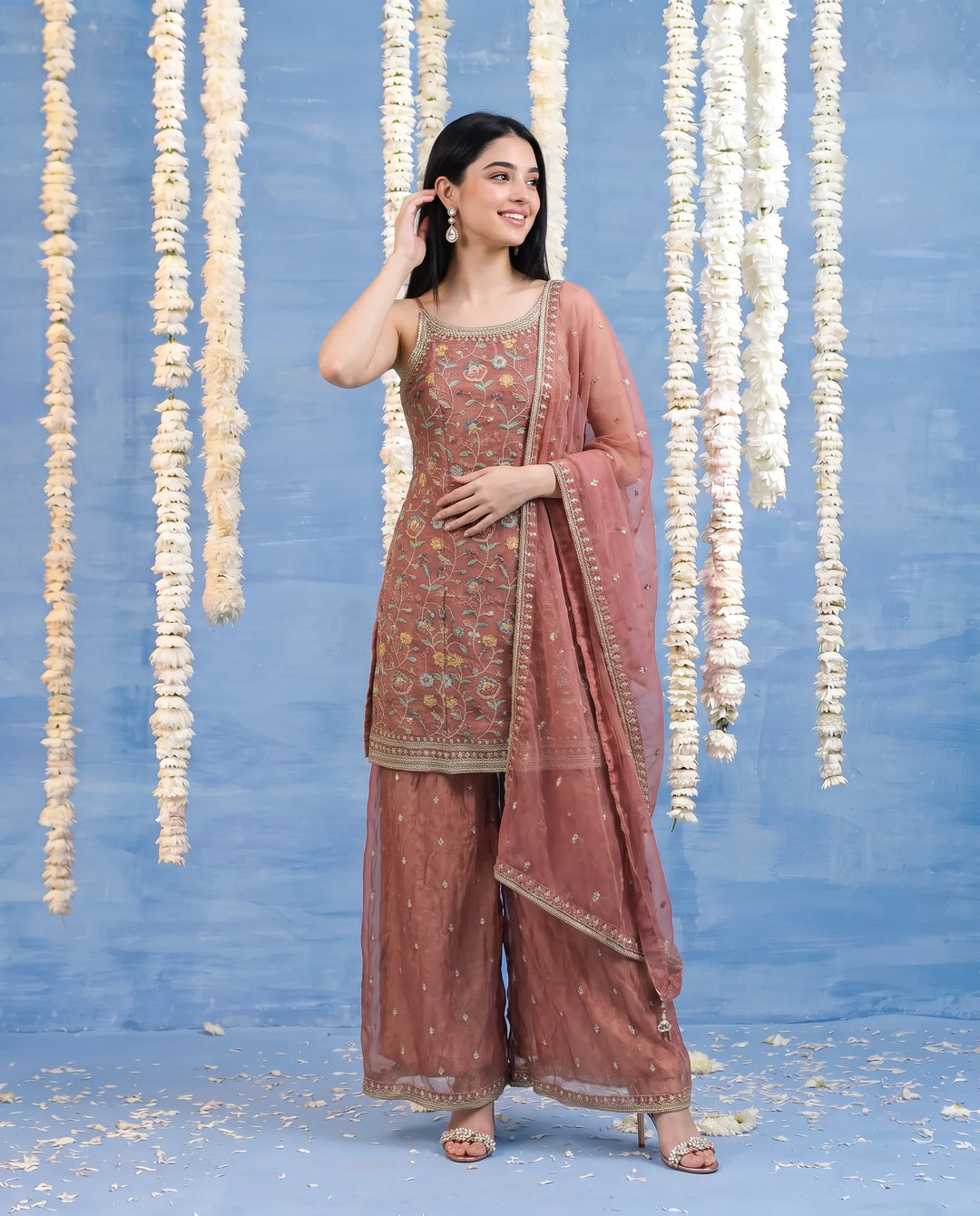 Pink Embroidered Silk Blended Spaghetti Strap Kurta Bottom Dupatta Set