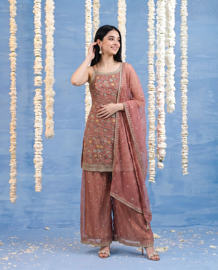 Pink Embroidered Silk Blended Spaghetti Strap Kurta Bottom Dupatta Set