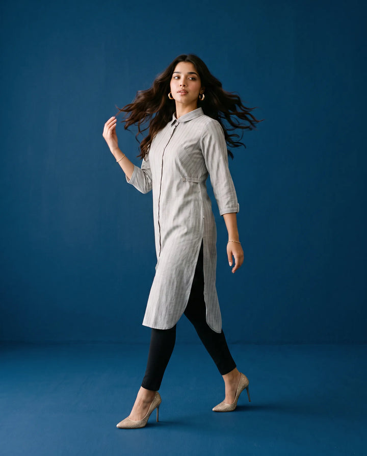 Grey Printed Straight cut Long Kurta