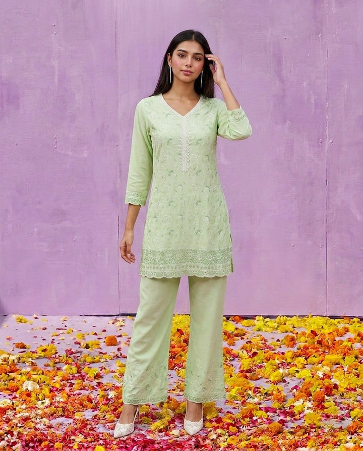 Lime Green Embriodered Cotton Satin Co-Ord Set