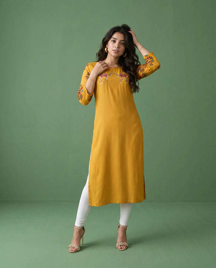 Yellow Embroidered Rayon Straight cut Long Kurta