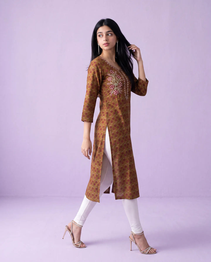 Brown Embroidered Viscose Blended Straight cut Long Kurta
