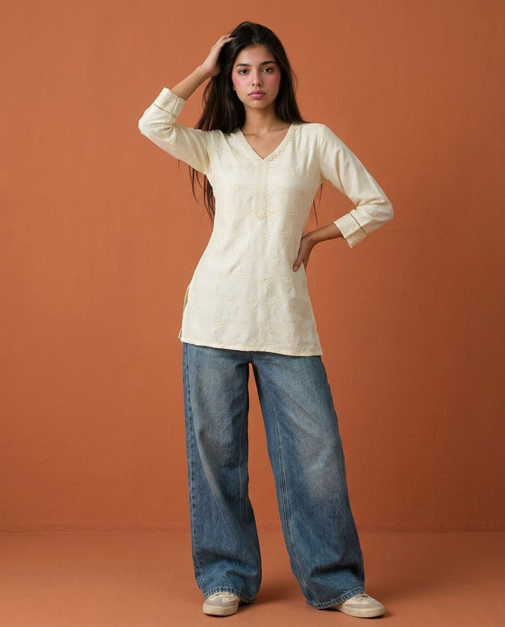 Cream Embriodered Cotton Short Kurti