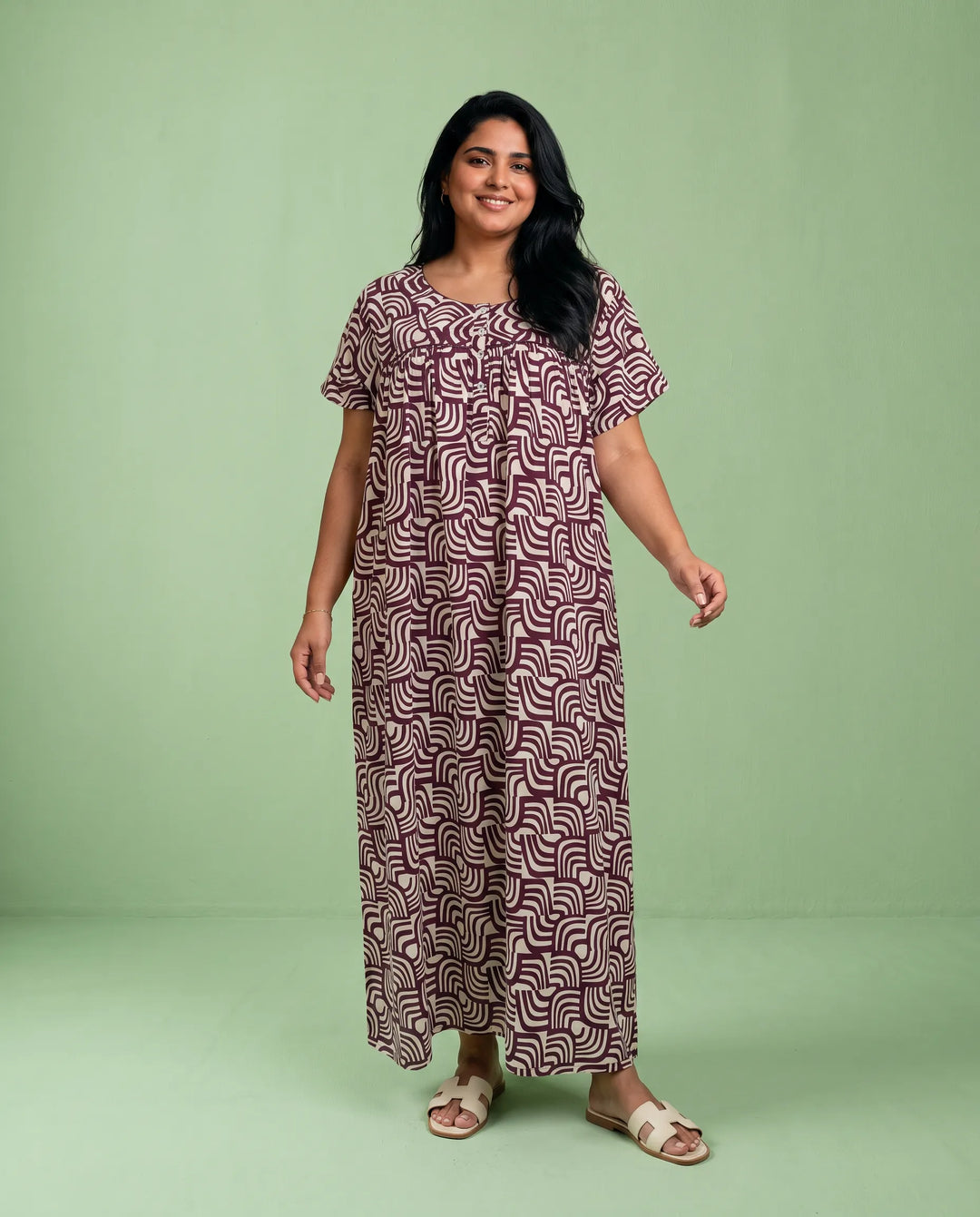 Maroon Printed Super Soft Rayon Night Dress / Home Wear