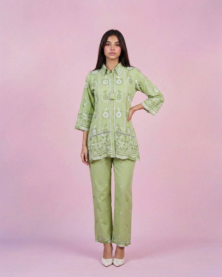 Pista Embroidered Cotton Satin Co-Ord Set