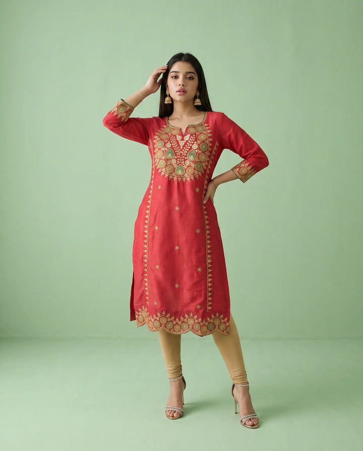 Red Embroidered Viscose Blended Straight cut Long Kurta