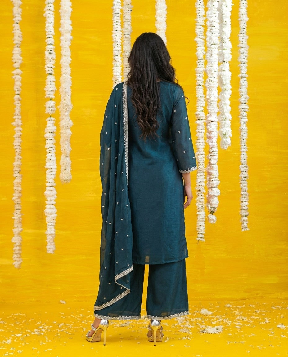 Bottle Green Embriodered Silk Blended Kurta Bottom Dupatta Set