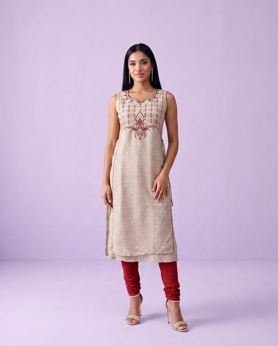 Beige Embroidered Cotton Straight cut Sleeveless Long Kurta
