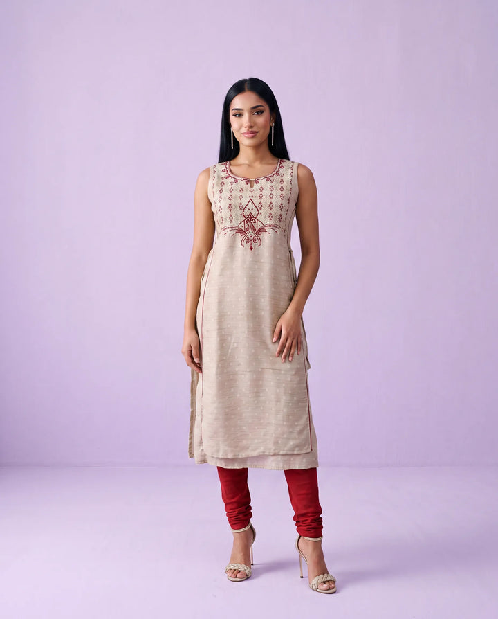 Beige Embroidered Cotton Straight cut Sleeveless Long Kurta