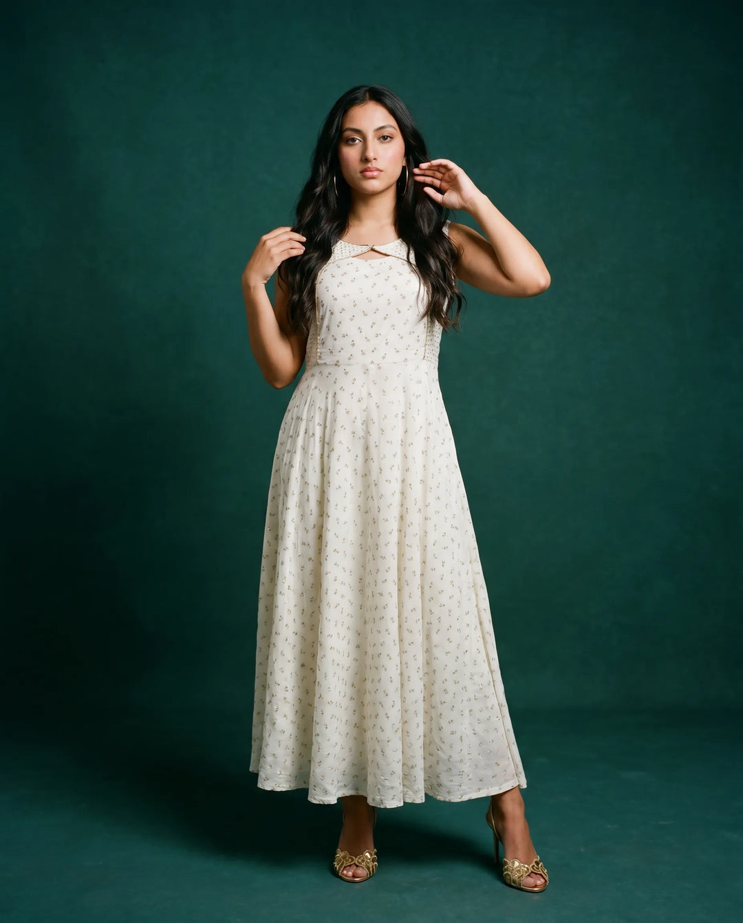 White Printed Rayon Sleeveless Maxi Dress