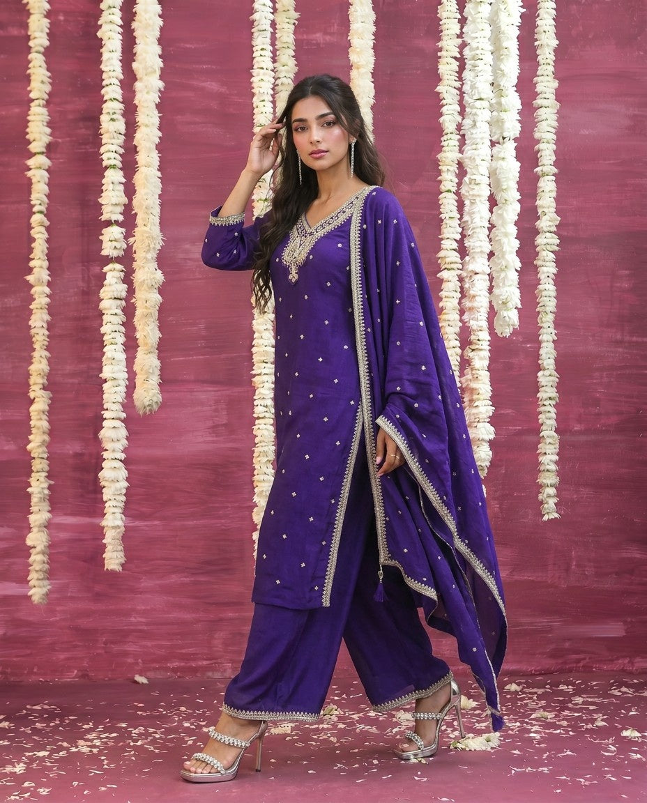Purple Embriodered Silk Blended Kurta Bottom Dupatta Set