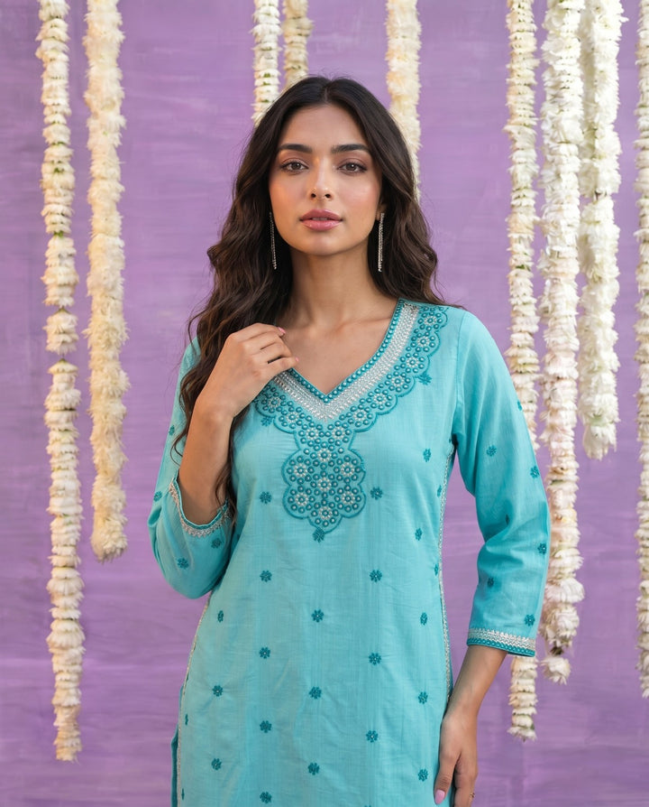 Sky Blue Embroidered Viscose Blended Straight cut Long Kurta