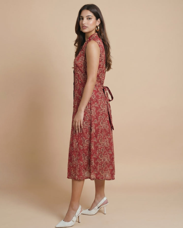 Maroon Printed Viscose Blended Midi Dress