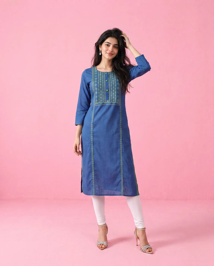 Navy Embroidered Rayon Straight Cut Long Kurta