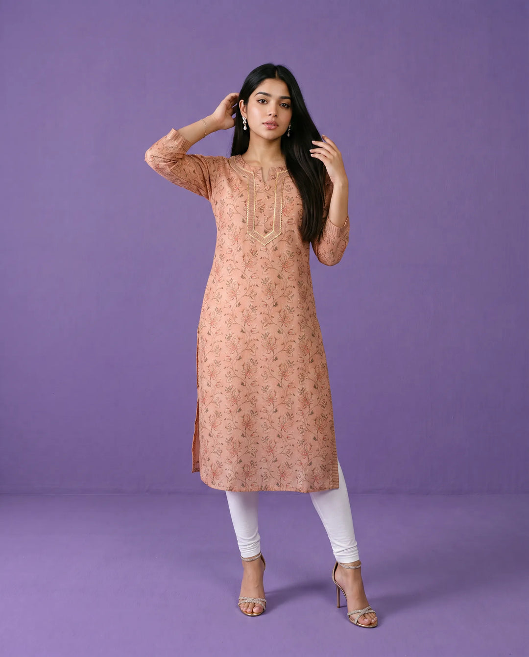 Peach Printed Viscose Blended Straight cut Long Kurta