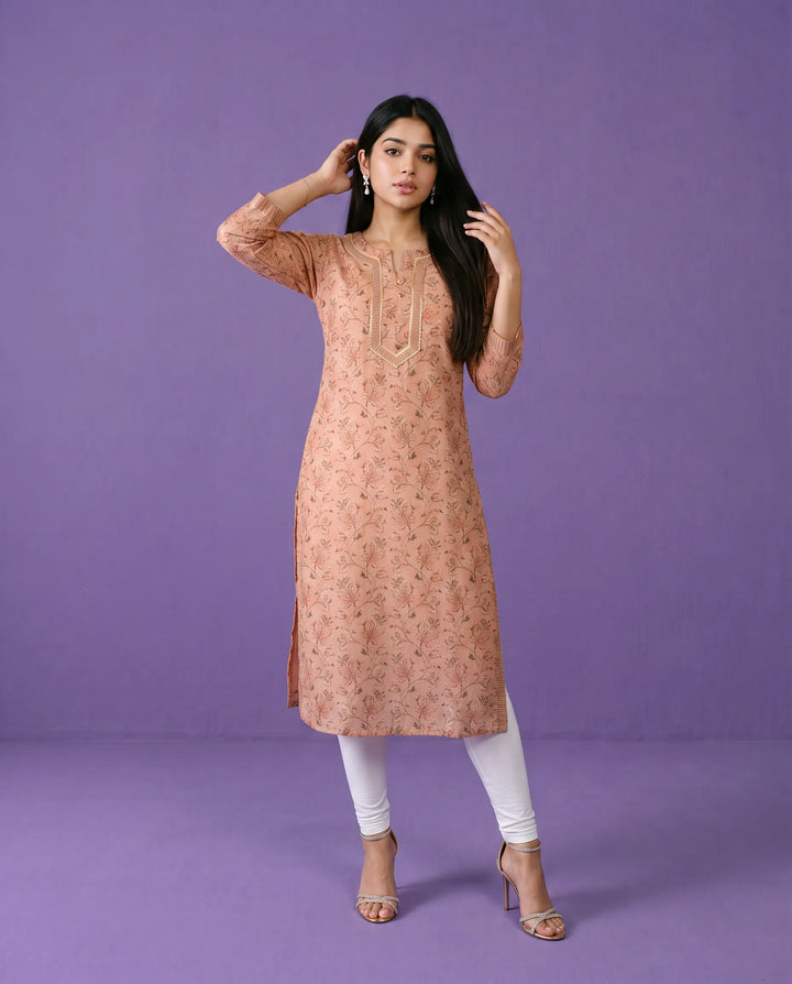 Peach Printed Viscose Blended Straight cut Long Kurta