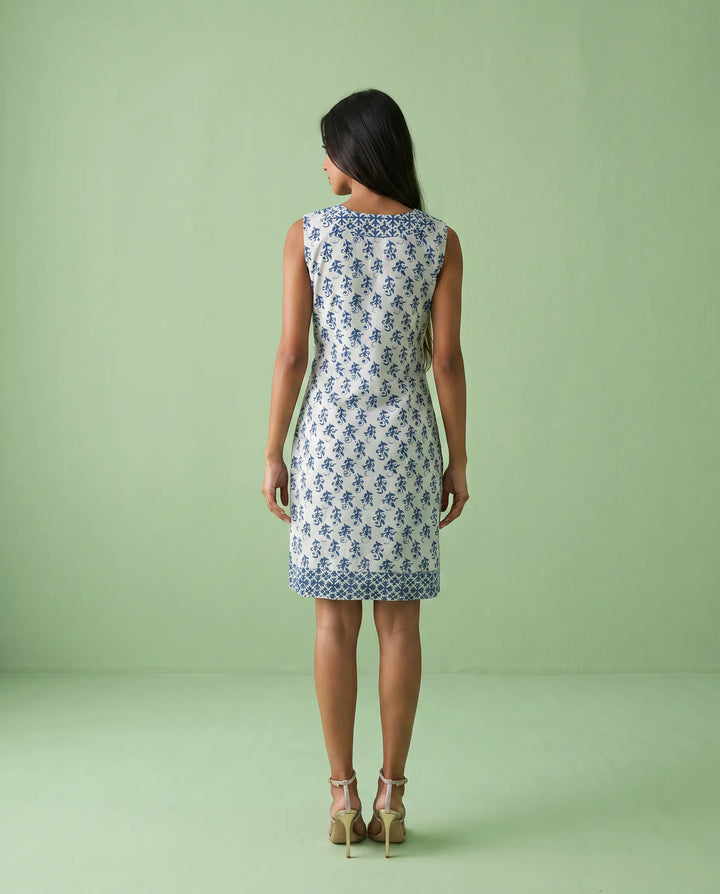 Blue Printed Pure Cotton Hand-Block Printed Midi Dress