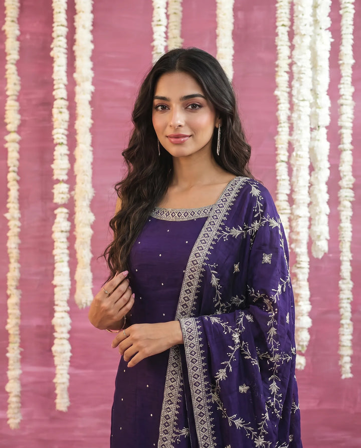 Purple Embriodered Silk Blended Sleeveless Kurta Bottom Dupatta Set