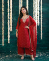 Red Embriodered Silk Blended Kurta Bottom Dupatta Set