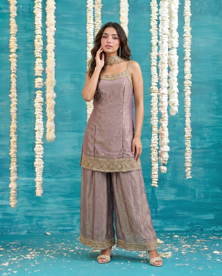 Purple Embriodered Silk Blended Spaghetti Strap Kurta Bottom Dupatta Set