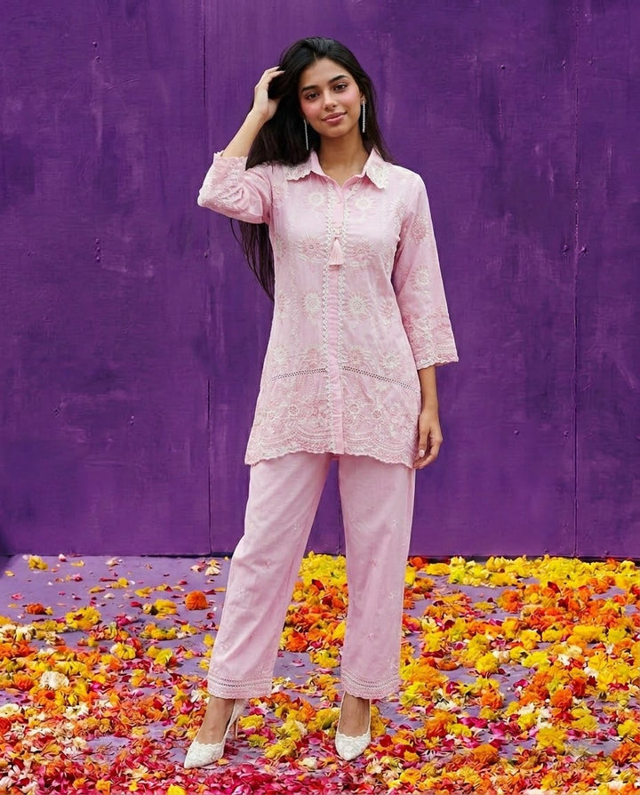 Pink Embroidered Cotton Satin Co-Ord Set