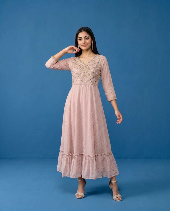 Pink Embroidered Georgette Maxi Dress
